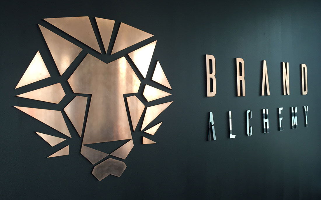 Copper and Mirrored Steel Reception Sign